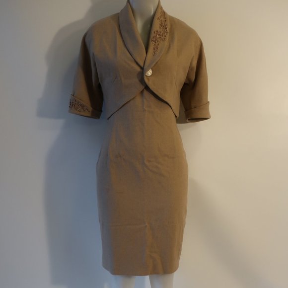 Women Cynthia Rose 2pc Camel Tank Dress W/Matching Crop Blazer S - Picture 1 of 11